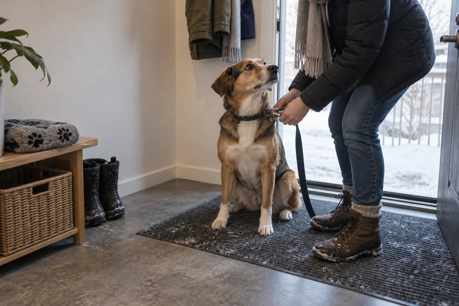 A dog being prepared for a winter walk at a Canadian apartment entrance