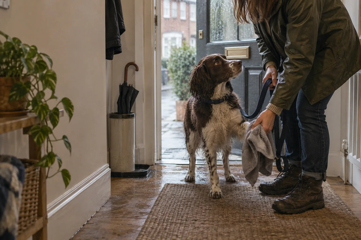 An owner drying a dog after a rainy walk from a United Kingdom flat
