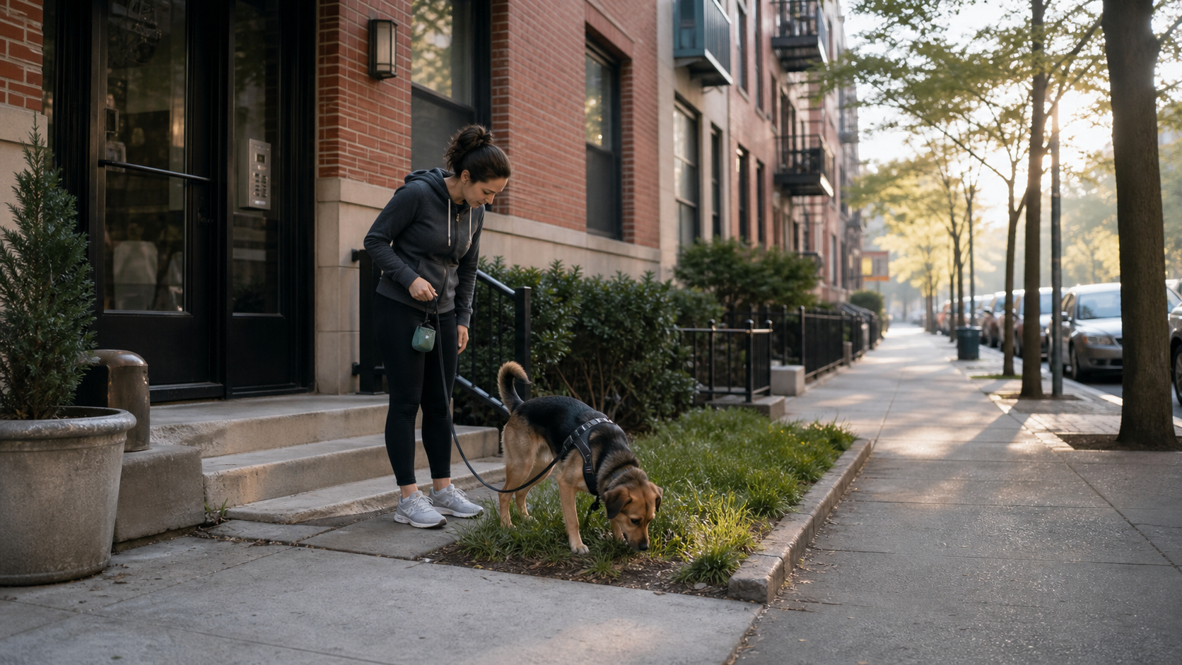 Apartment dog owner taking a short potty break near the building entrance