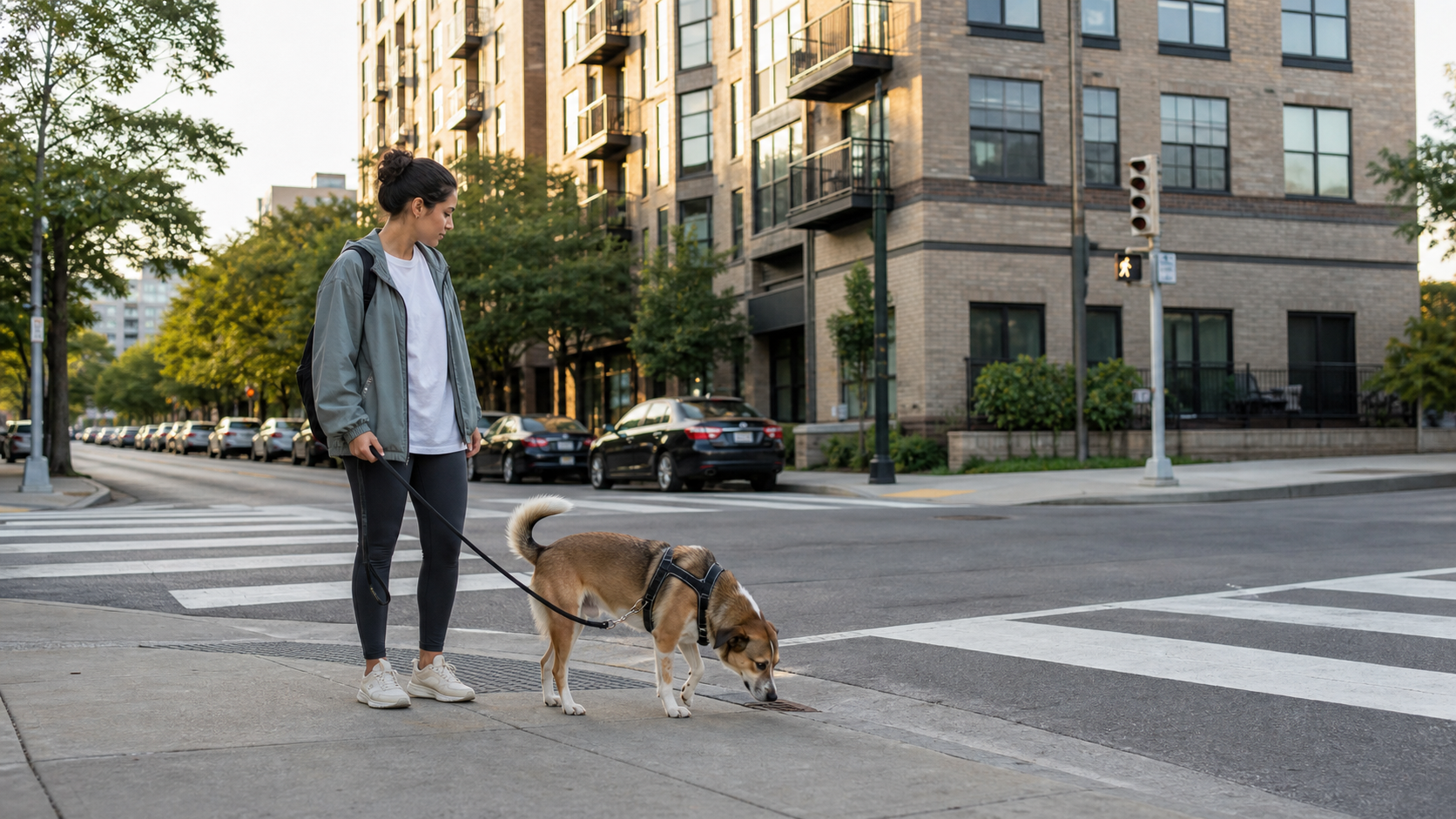 Apartment dog owner checking the dog's pace before deciding when to turn home