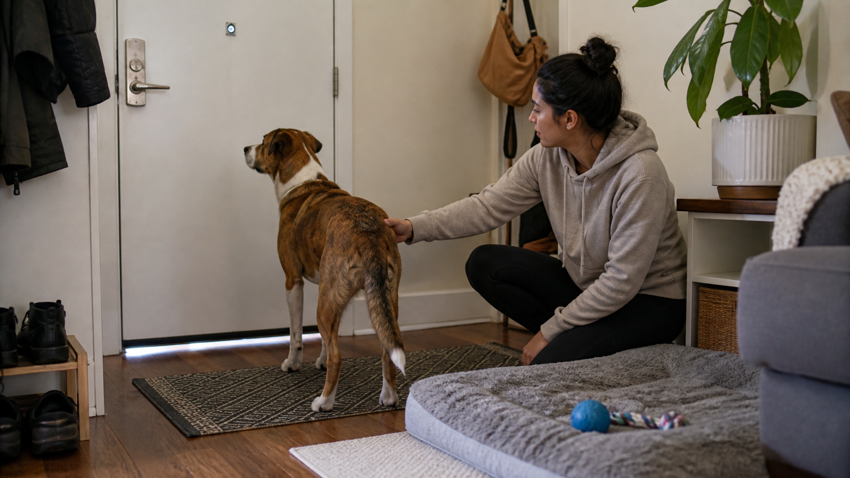 Apartment dog owner calmly helping a dog move away from hallway noises at the front door