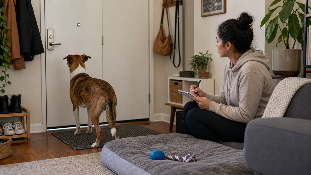Apartment dog owner recording a dog's barking trigger near the front door