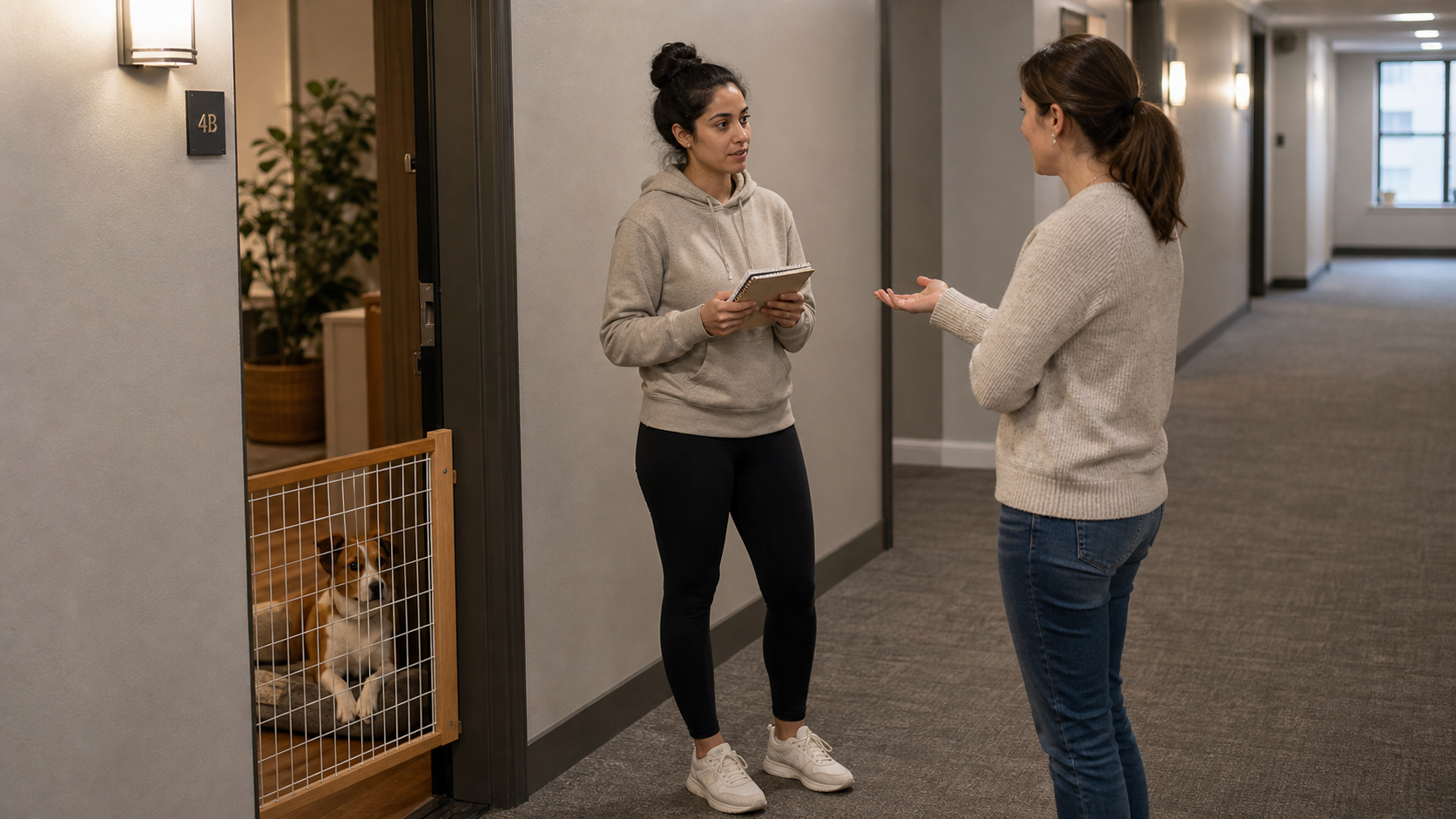Apartment dog owner listening to a neighbor's barking concern in a shared hallway