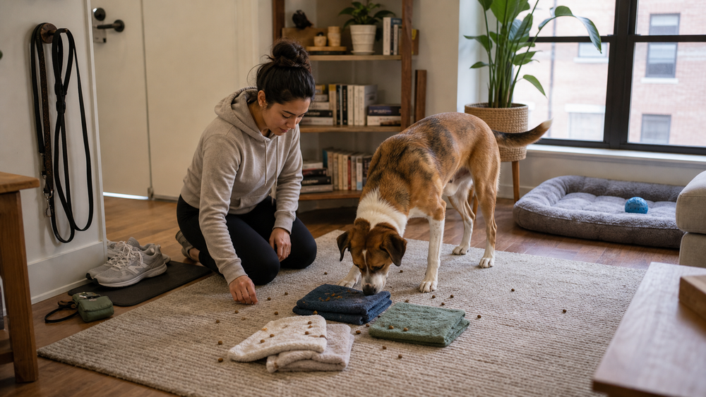 Apartment dog searching for food during a quiet no-yard activity routine