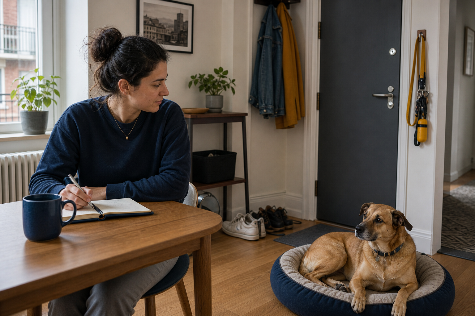 Apartment dog owner preparing the day while her dog rests nearby