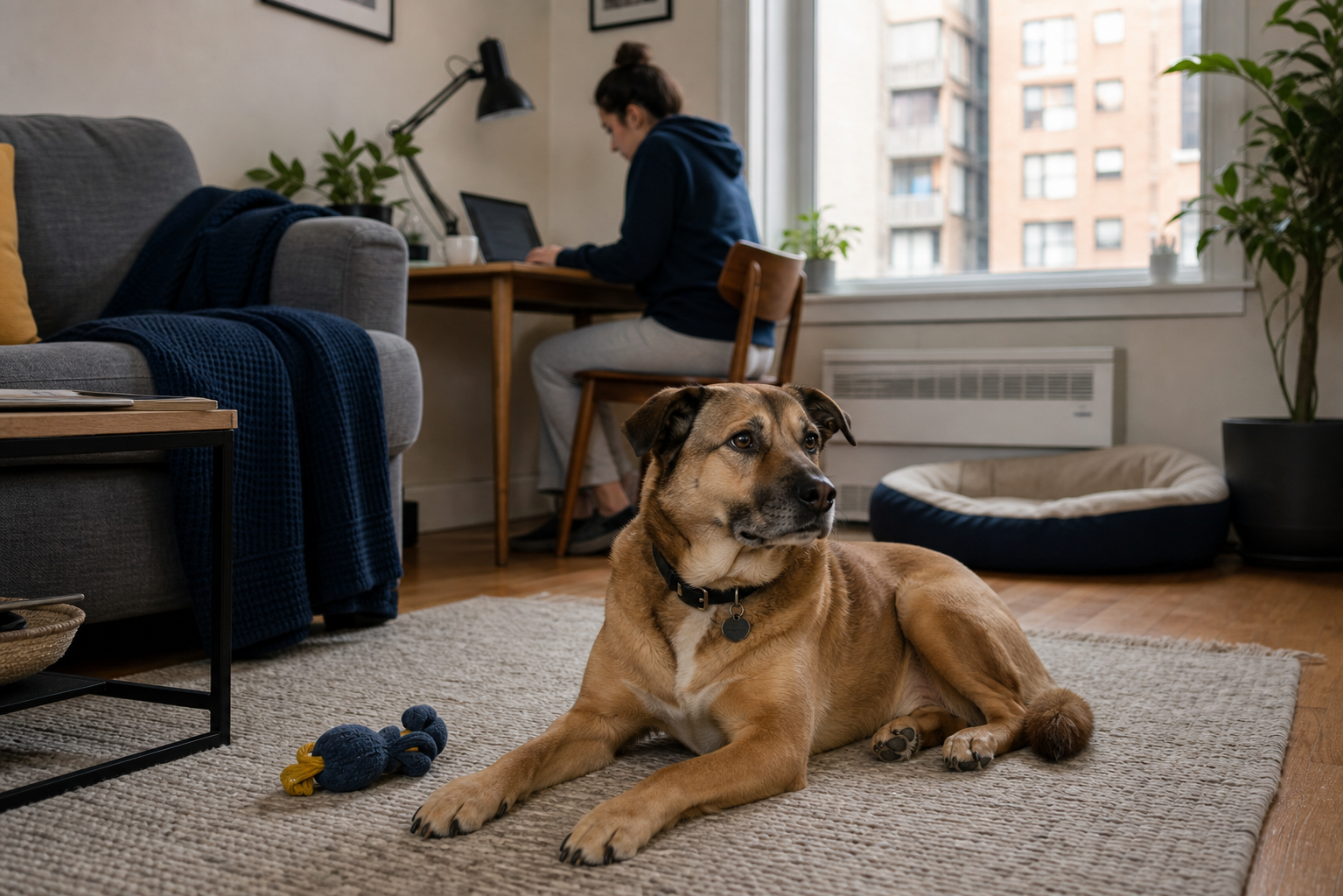 Apartment dog resting during hot-weather care planning: Apartment Dog Potty Breaks During a Heat Wave