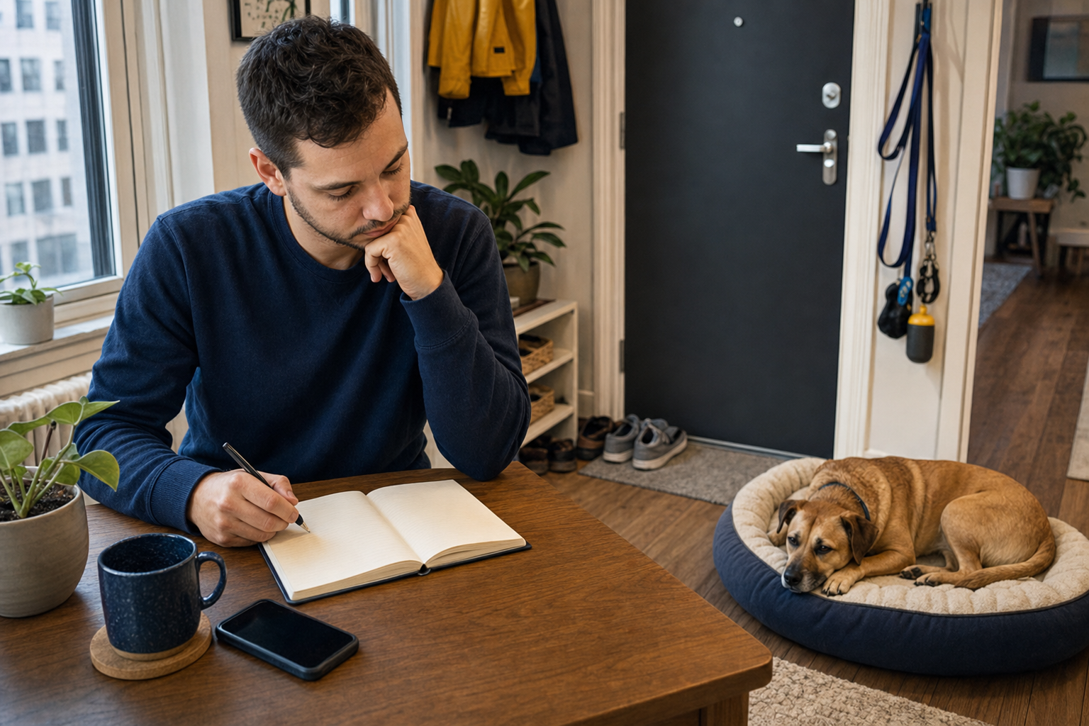 Apartment dog owner reviewing a weekly care notebook while his dog rests nearby