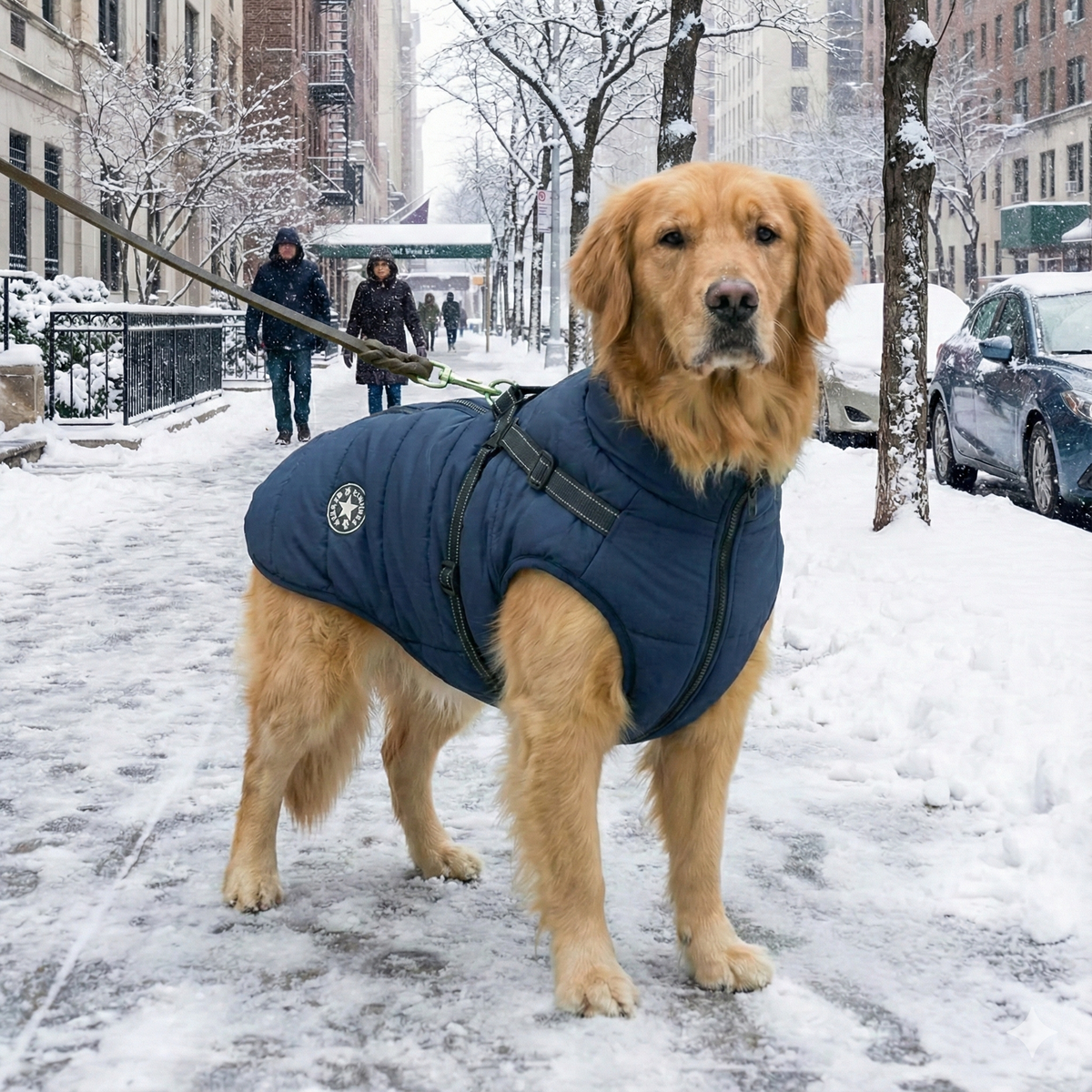 City dog wearing protective winter jacket