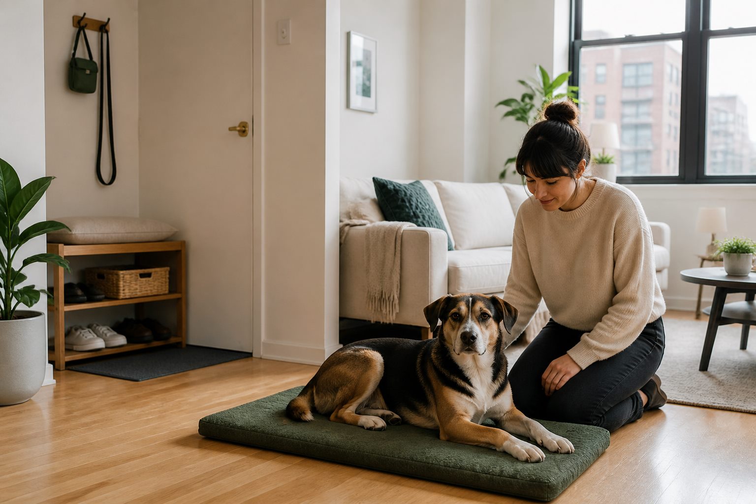 Calm dog resting beside its owner in a bright city apartment